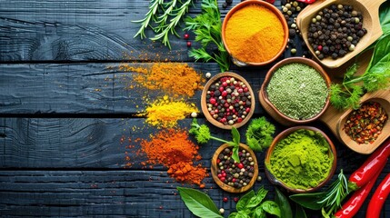Colorful Selection of Spices and Herbs on Rustic Wooden Surface for Culinary Inspiration