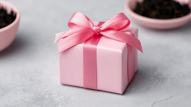 Korean tea ritual, pink gift box with ribbon and tea in the background.