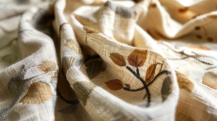 Soft Textured Fabric with Artistic Leaf Design in Warm Earthy Tones Draped Elegantly on a Light Background