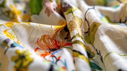 Colorful Floral Fabric with Intricate Patterns Showing Soft Texture and Vibrant Nature Inspired Design Close Up