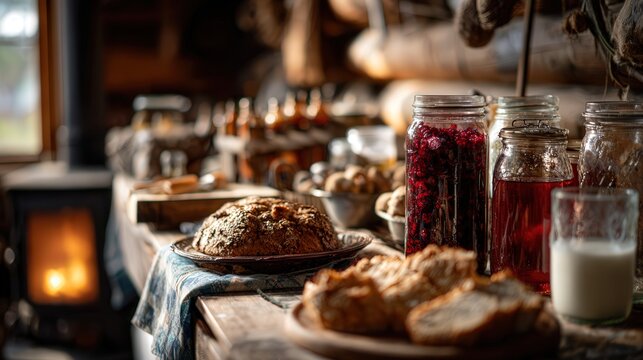 Rustic kitchen table filled with homemade bread, jars of preserves, and warm ambiance from fireplace