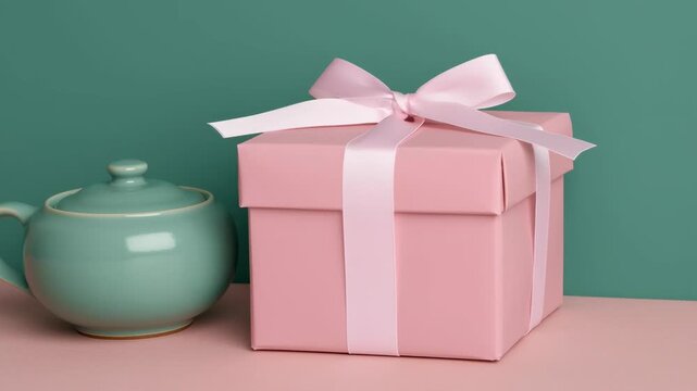 Korean tea ritual, teapot and gift box on pastel background.