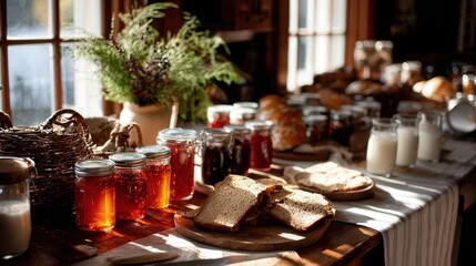 Rustic table setting with homemade jams, bread, and milk in a warm, inviting atmosphere