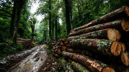 Fototapeta premium Stacked logs by a muddy dirt path in a forest setting 49253656 1
