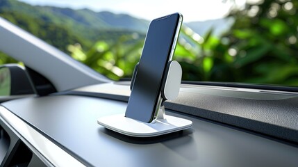 Modern smartphone mount in a car dashboard with natural green background, showcasing technology and convenience for drivers