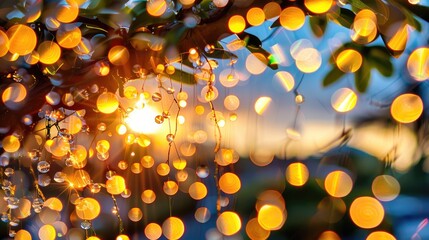 Beautiful Sunset with Soft Glowing Bokeh Lights and Nature's Sparkling Orbs in a Lush Outdoor Setting