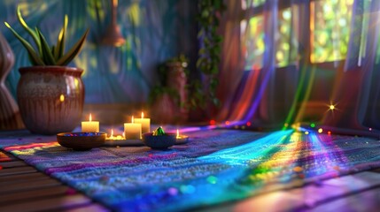 Tranquil Home Interior with Candles, Colorful Light Reflections and Natural Greenery in a Cozy Setting
