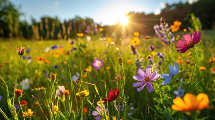 Vibrant Spring Meadow with Colorful Wildflowers Under Bright Sunlight in Nature's Tranquil Setting