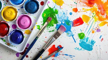 Bright and Colorful Art Supplies with Paints and Brushes on White Background for Creative Projects and Artistic Expressions