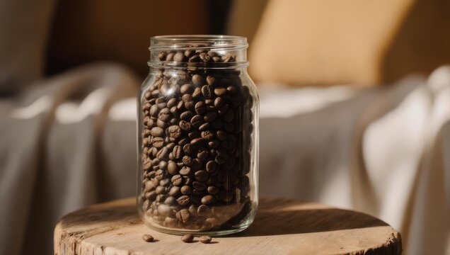 Coffee Beans in a Glass Jar on Wooden Surface. - Powered by Adobe