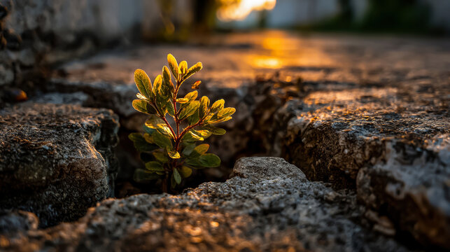 Young plant breaking through cracked pavement glowing in sunset light