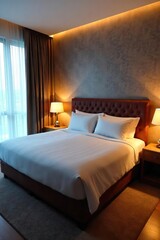 Relax and Rejuvenate in a Cozy Modern Bedroom Plush Bed, Stylish Nightstands, Soft Lighting, Book Your Dream Stay Online Today