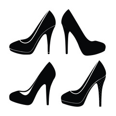 Four elegant black high heel shoe silhouettes displayed from different angles on a white background