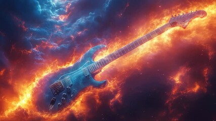 Epic rock music video background footage showing an animated electric guitar burning with fire in a cosmic space galaxy.