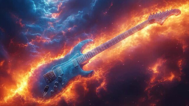 Epic rock music video background footage showing an animated electric guitar burning with fire in a cosmic space galaxy.