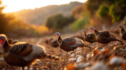 Group of wild turkeys foraging in a sunlit forest during autumn season with colorful foliage