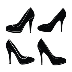 Four elegant black high heel stiletto pump shoes silhouettes on a white background