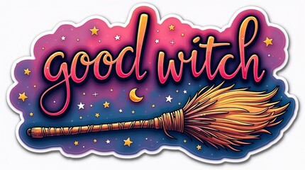 sticker design with text "Good Witch", adorned with witch's broom, against gradient night sky background