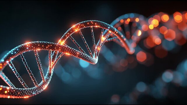 DNA Strand: Captivating image of a radiant DNA strand, glowing with intricate detail and representing the essence of life and scientific progress.