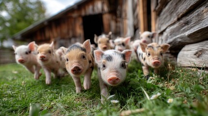 Group of adorable piglets walking towards the camera in a lush green farmyard setting