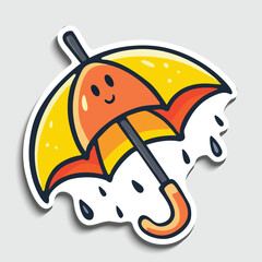 Cute Cartoon Umbrella Sticker. Rainy Weather Protection with Smiling Face and Raindrops Vector Illustration