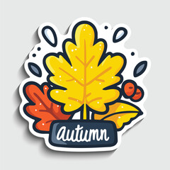 Autumn Fall Leaves Sticker. Cartoon Seasonal Foliage with Berries and Text Vector Illustration