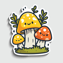  Cute Cartoon Mushroom Family Sticker. Kawaii Forest Fungi with Smiling Faces Vector Illustration