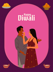 Happy Diwali invite card design template with Indian couple celebrating Diwali Festival vector illustration 