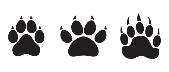 Animal Paw Print Silhouettes. Black Track Icons Showing Claw and Pad Variations for Wildlife and Nature Design.