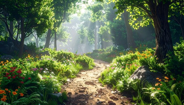 A sunlit path winds through a vibrant forest. Lush green foliage and colorful wildflowers line the sides. Sunlight beams through the trees