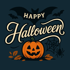 Happy Halloween Typography with Jack O’Lantern, Bats and Spider Web Illustration
