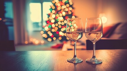 Living Room White Wine Glasses with Christmas Decor, Natural Light Wide Shot
