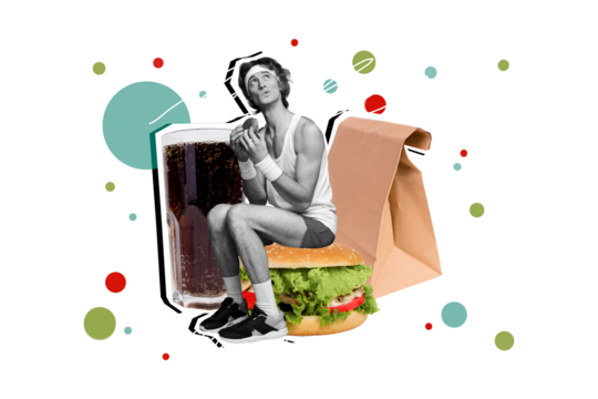 Composite photo collage of funny minded sportsman eat burger takeaway lunch coke drink fast food unhealthy isolated on painted background - Powered by Adobe
