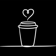 Minimalist single line art of a steaming coffee cup with a heart above representing love for coffee