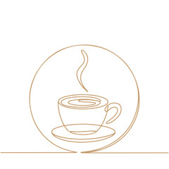 Elegant Single Line Drawing of a Coffee Cup with Steam, Plate, and a Minimalist Design