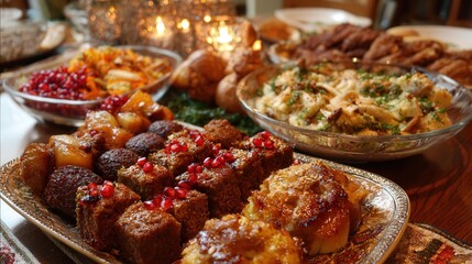 Colorful assortment of traditional dishes on a beautifully arranged table for festive celebration