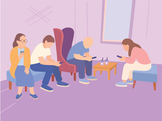Flat Illustration of People Sitting Indoors and Using Smartphones in a Lounge Setting