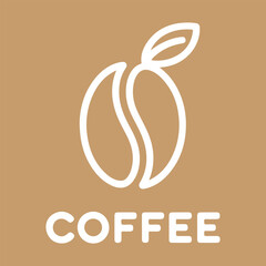 White outline coffee bean logo on warm brown background featuring 'COFFEE' text, ideal for cafes and beverage branding