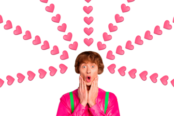 Surreal picture image collage of guy feel impressed with many hearts on pink color background