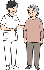 Nurse assisting elderly woman, senior care support, healthcare compassion, medical service illustration, caregiver helping patient, home nursing and rehabilitation concept.