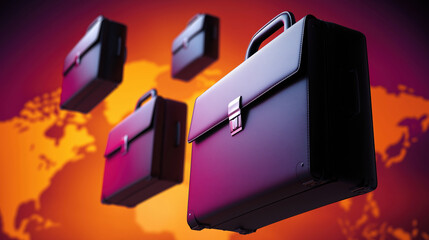 Obraz premium Business briefcases floating over a colorful world map background