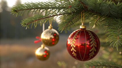 Christmas tree branch decorated with red and gold ornaments festive holiday season decoration outdoor setting