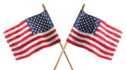 Obraz premium Two american flags crossed on sticks waving against a plain white background