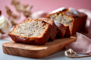 Close-up view photography of a delicious banana bread on a wooden board on pastel or soft colors background