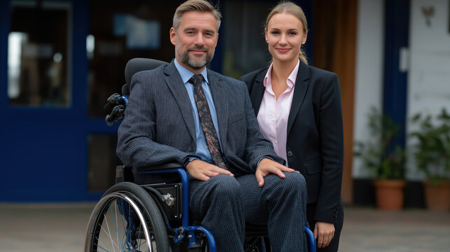 Business pros pose for a portrait outside an office