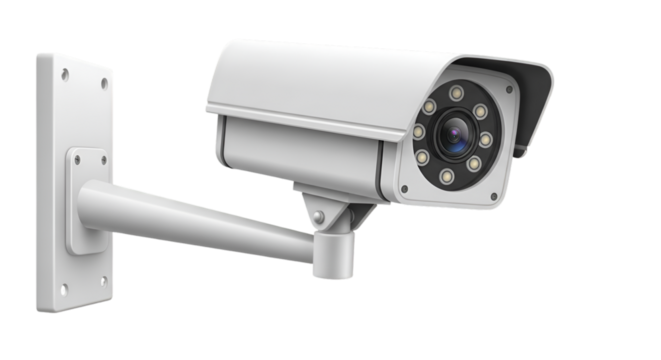 White Surveillance Camera with Infrared LEDs on Black Background