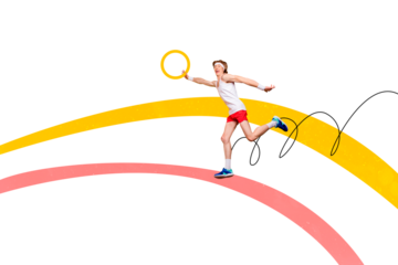 Creative picture collage young athlete sportsman run olympic competition challenge golden ring persistent ambitious motivation