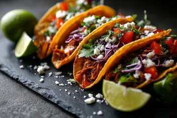 Natural light close-up photography of a tasty tacos on a slate plate while standing against grey concrete background