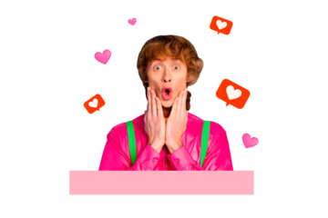 Collage picture of happy glad man hand touch face cheek emotion wow omg isolated on drawing background