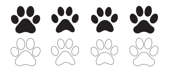 Paw Print Icon Set. Solid and Outline Variations for Pet, Animal Tracking, and Educational Design Projects.